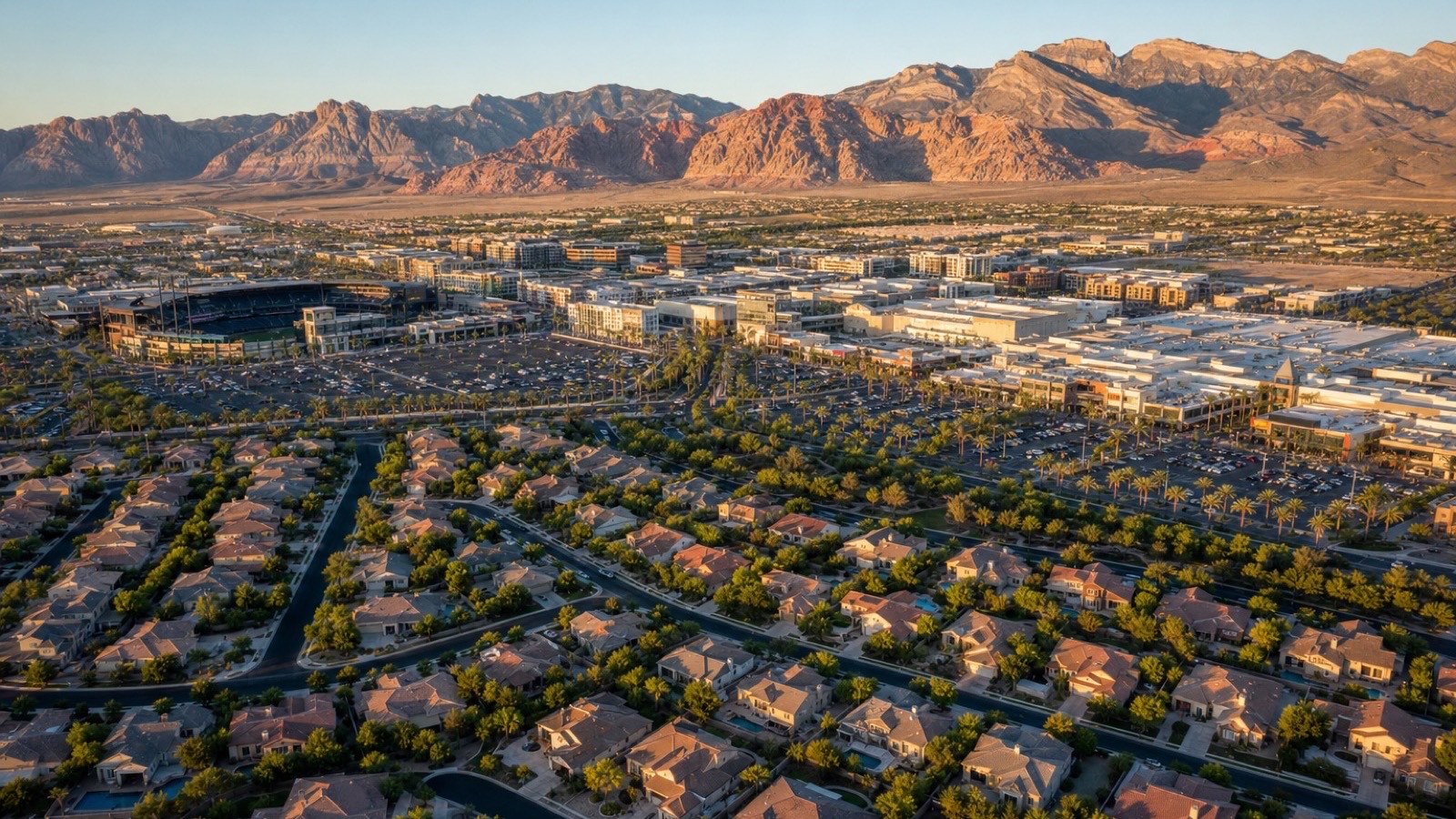 Downtown Summerlin shopping and dining district Las Vegas valley aerial 2026